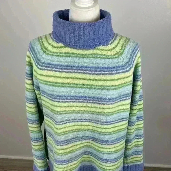 Carolyn Taylor Blue & Green Striped Turtleneck Sweater Size Large - Picture 2 of 10